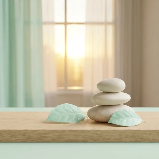 Pierres de zen équilibrées et feuilles vertes symbolisant la sérénité et l'équilibre