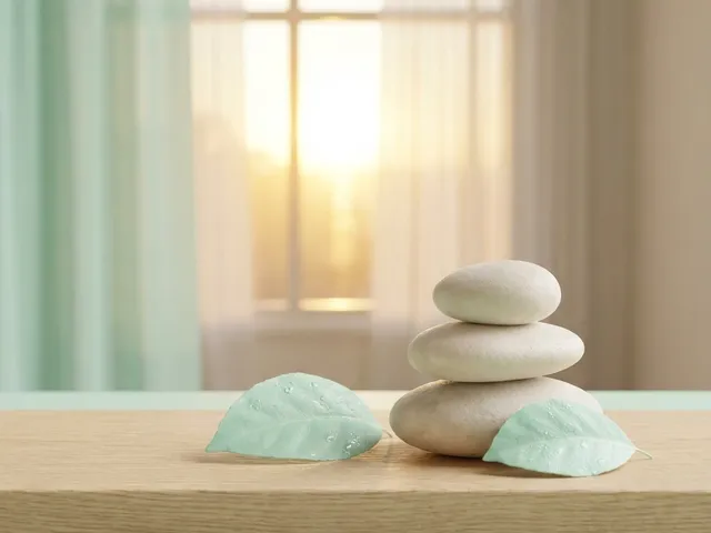 Pierres de zen équilibrées et feuilles vertes symbolisant la sérénité et l'équilibre