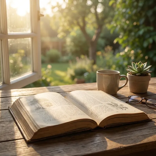 Livre ouvert et ambiance studieuse calme